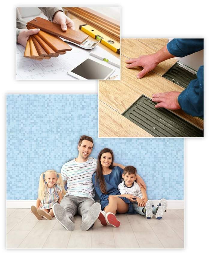 Photo Cluster - choosing flooring materials, installing a new floor, family sitting on new floor